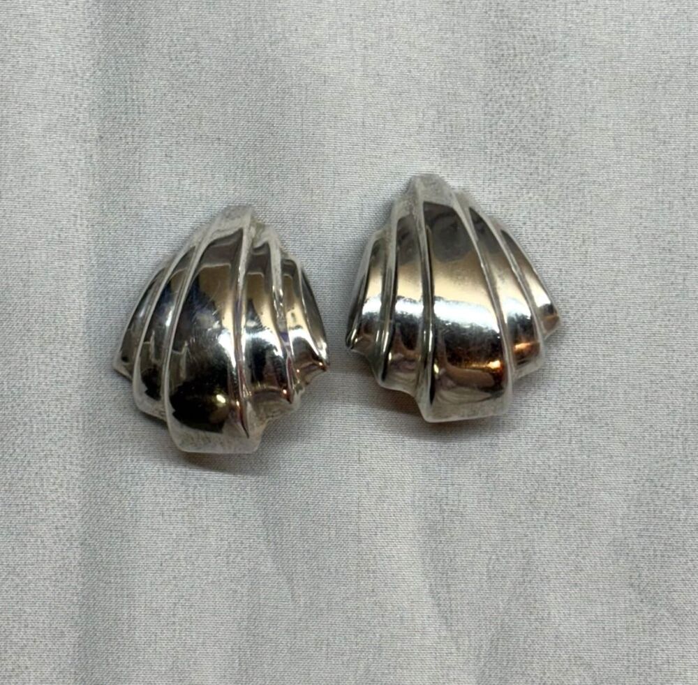 Vintage Sterling Silver Scallop Shell Clip On Earrings 925 Thailand 11.58g - Picture 1 of 7